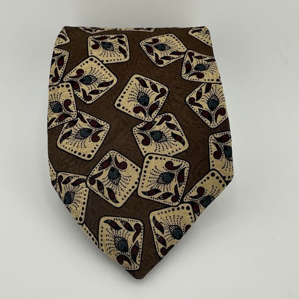 Oscar de la Renta Couture Collection Silk Tie Brown Abstract Geometric Wide 57”